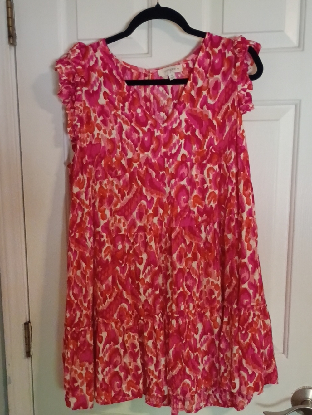 Umgee Pink, Coral & Cream Printed Tiered Cap-Sleeve Tunic Dress